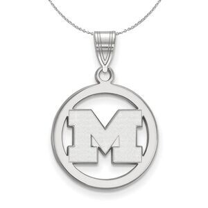 Sterling Silver U. of Michigan Small Initial M Circle Necklace, 24 In